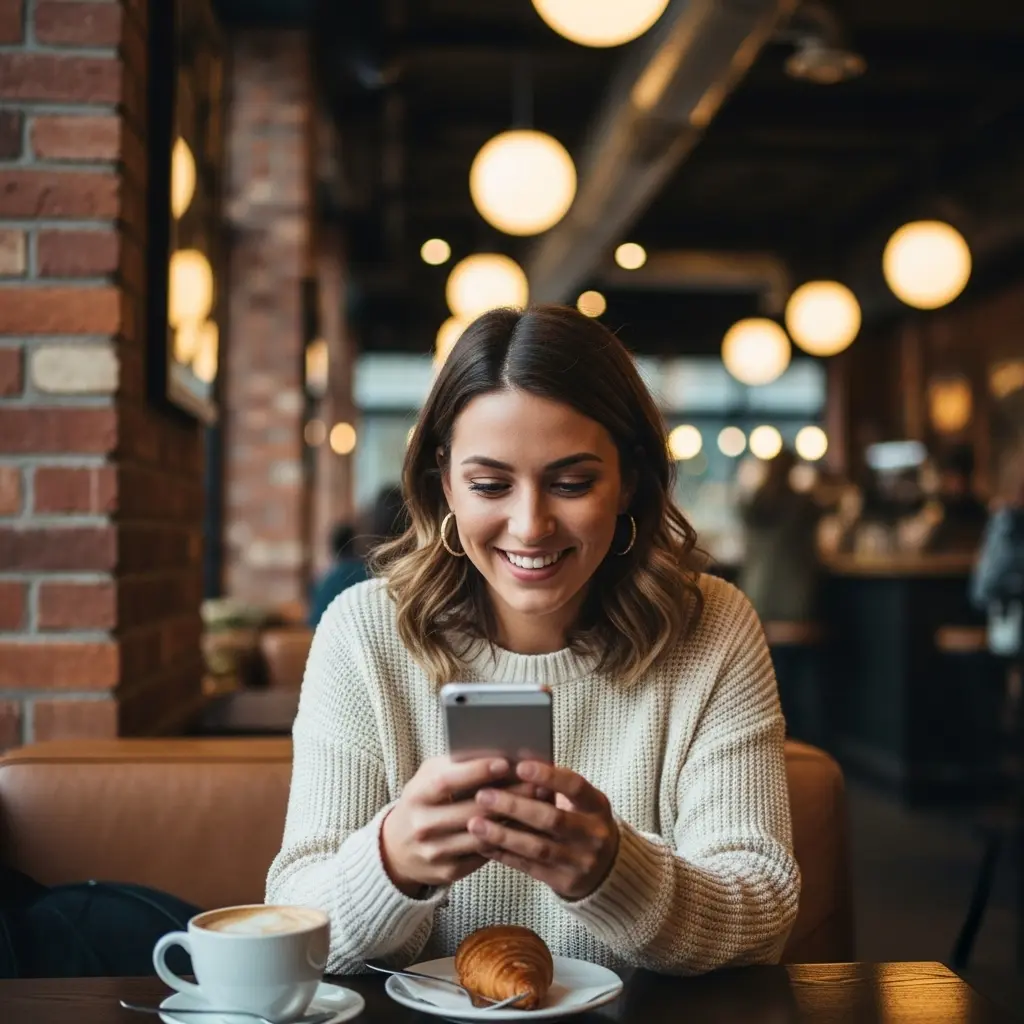 Uma mulher contente no telefone por estar conversando com alguém que parece com ela. Seu par ideal